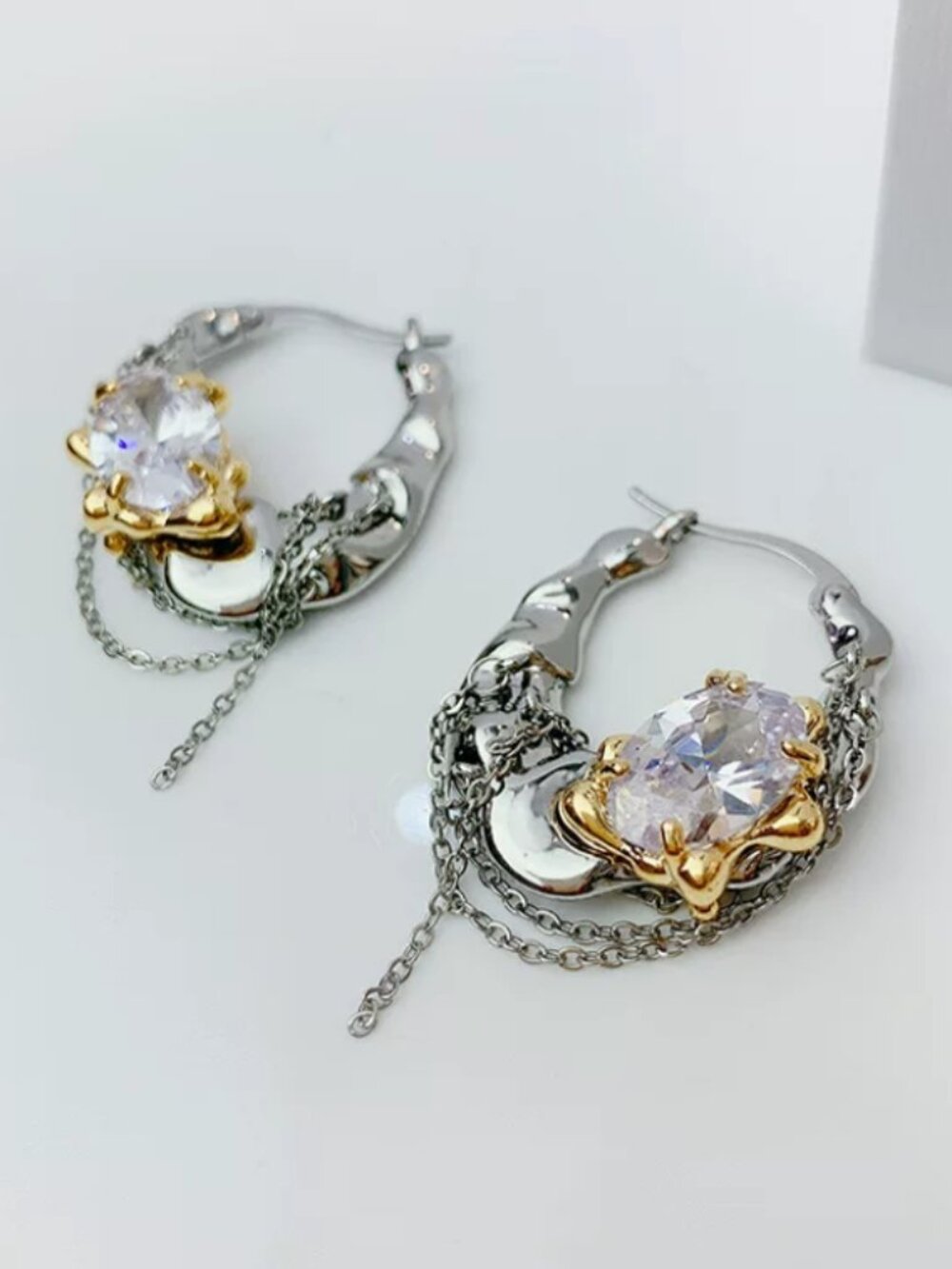 MOS Collection Two Tone CZ Chain Hoop Earrings Silver Gold Statement Earrings